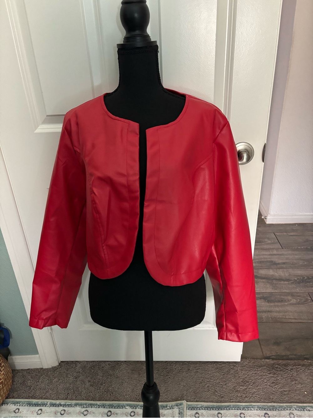 Ashley Stewart Red Open-Front Faux Leather Jacket